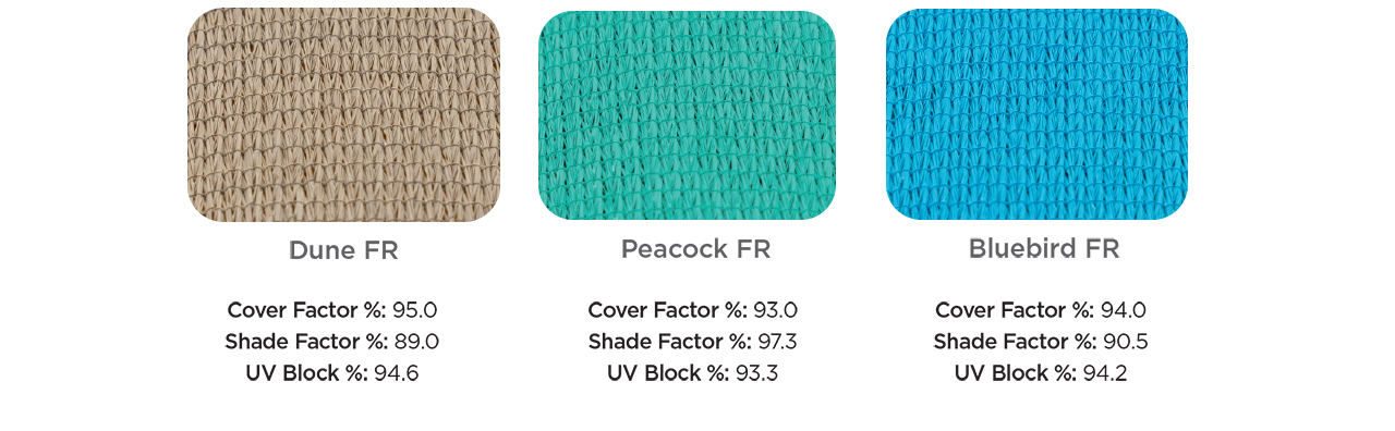 Shade fabric swatches in beige, peacock green and turqoise blue