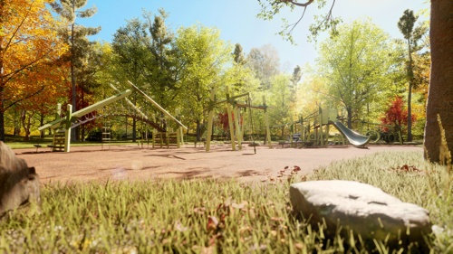 A Forma playground rendering among fall-colored trees
