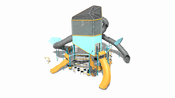 3D rendering of the Volo Aire with 2 Tunnel Slides playground tower